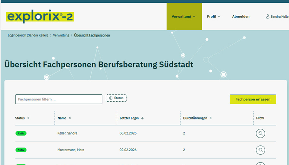 Screenshot zur Veranschaulichung des Datenschutzes im explorix®-2 Fachpersonenportal