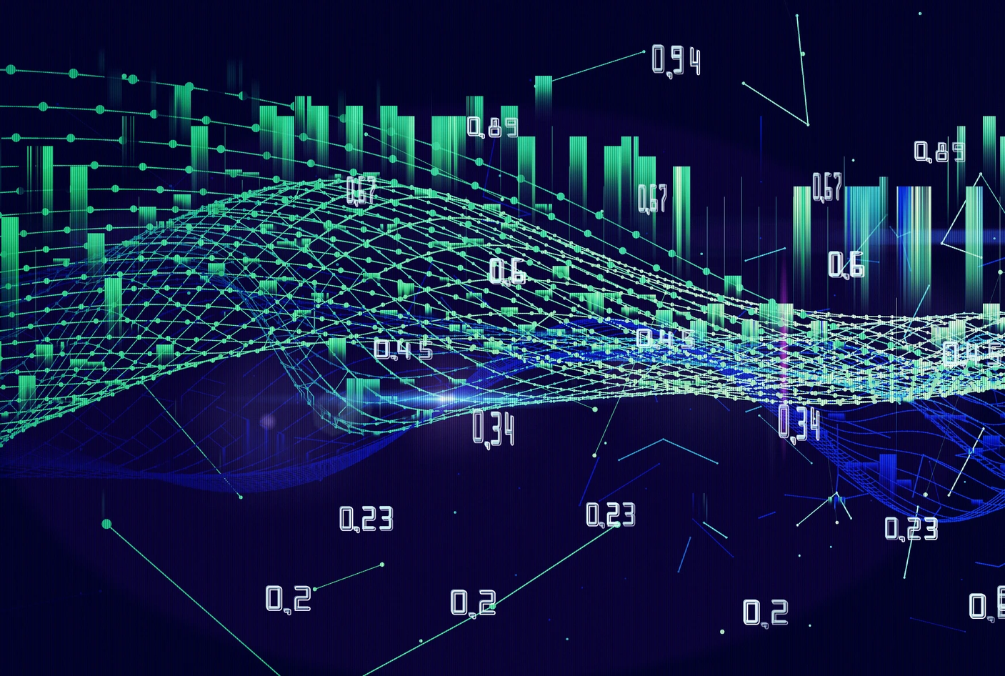 Abstract background with wireframe grid connecting dots and data on dark.