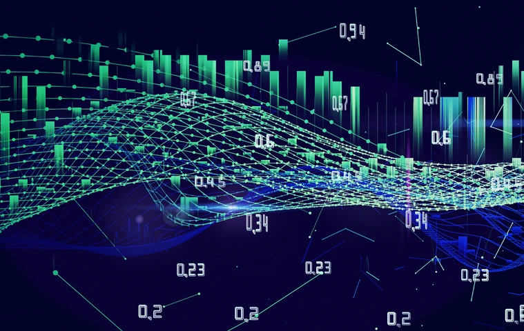 Abstract background with wireframe grid connecting dots and data on dark.
