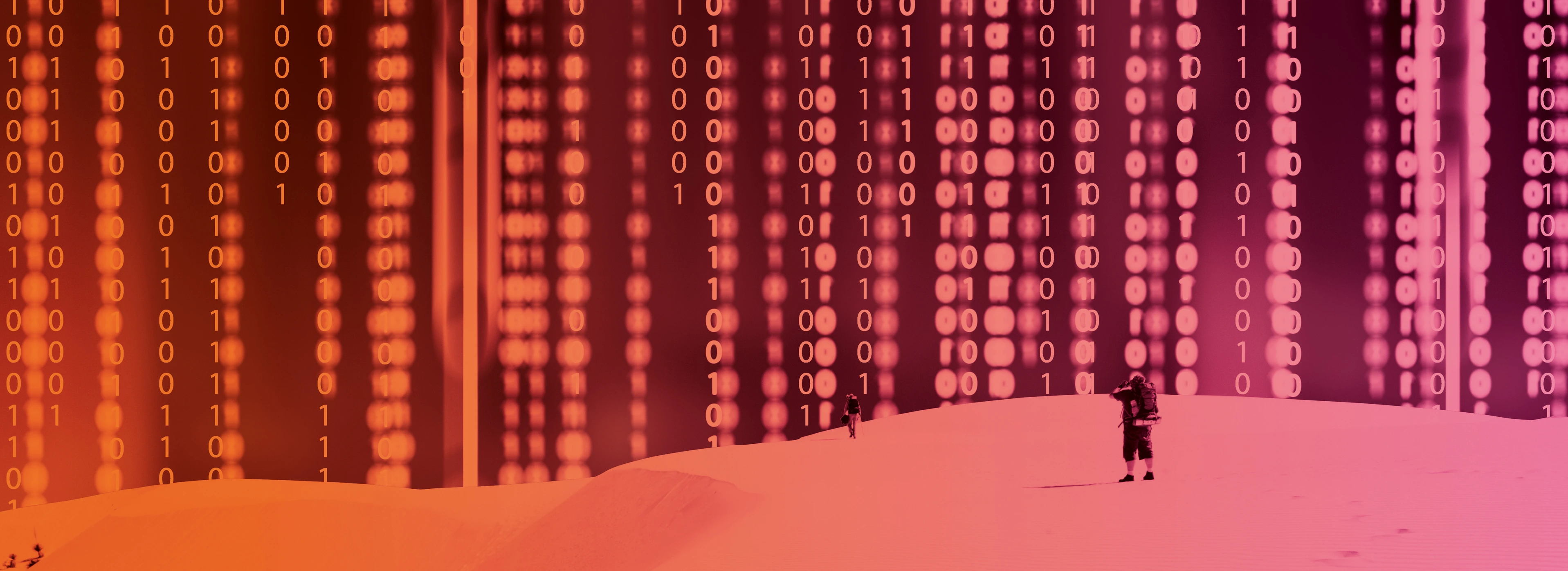 Backpackers Hiking on a desert dune, Pioneer Campus Key Visual Biomedical AI