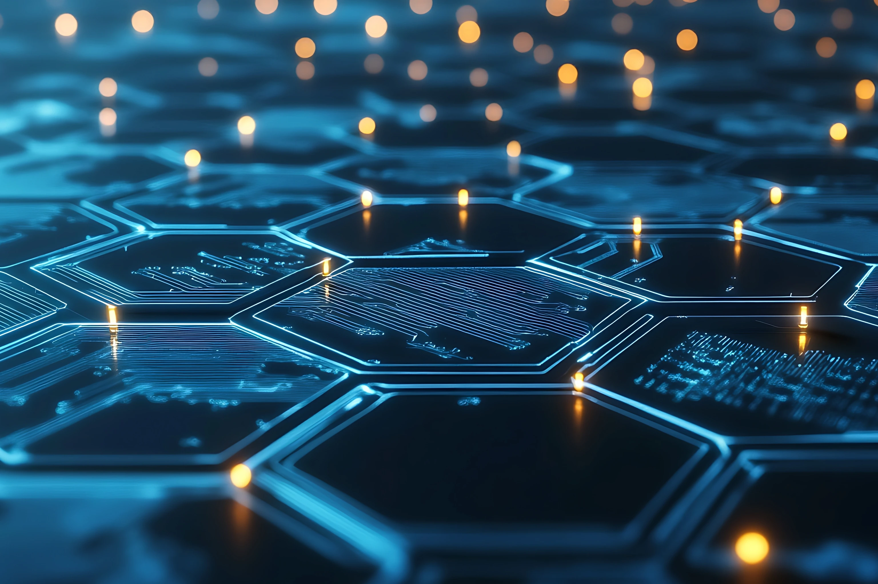 A hexagonal grid of digital connections, representing the global network and data transfer in artificial intelligence. AdobeStock_1334177573