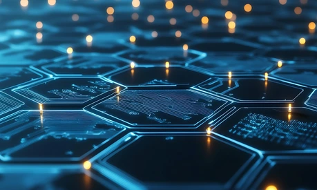 A hexagonal grid of digital connections, representing the global network and data transfer in artificial intelligence. AdobeStock_1334177573