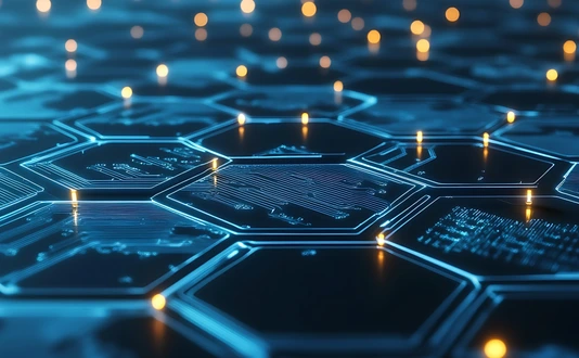 A hexagonal grid of digital connections, representing the global network and data transfer in artificial intelligence. AdobeStock_1334177573