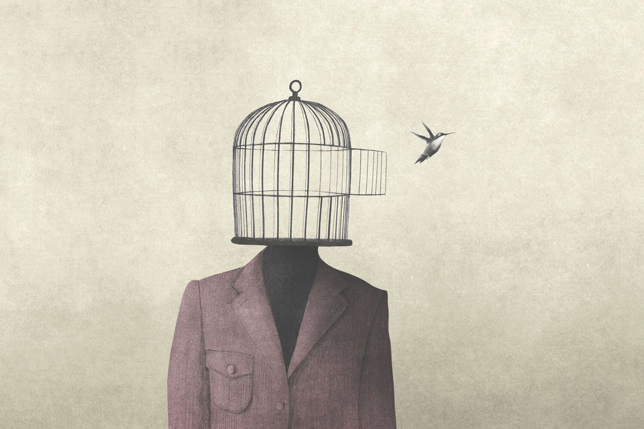 Eine Illustration, die einen Menschen zeigt, der statt eines Kopfes einen Vogelkäfig hat. Dieser ist offen und ein Vogel fliegt heraus
