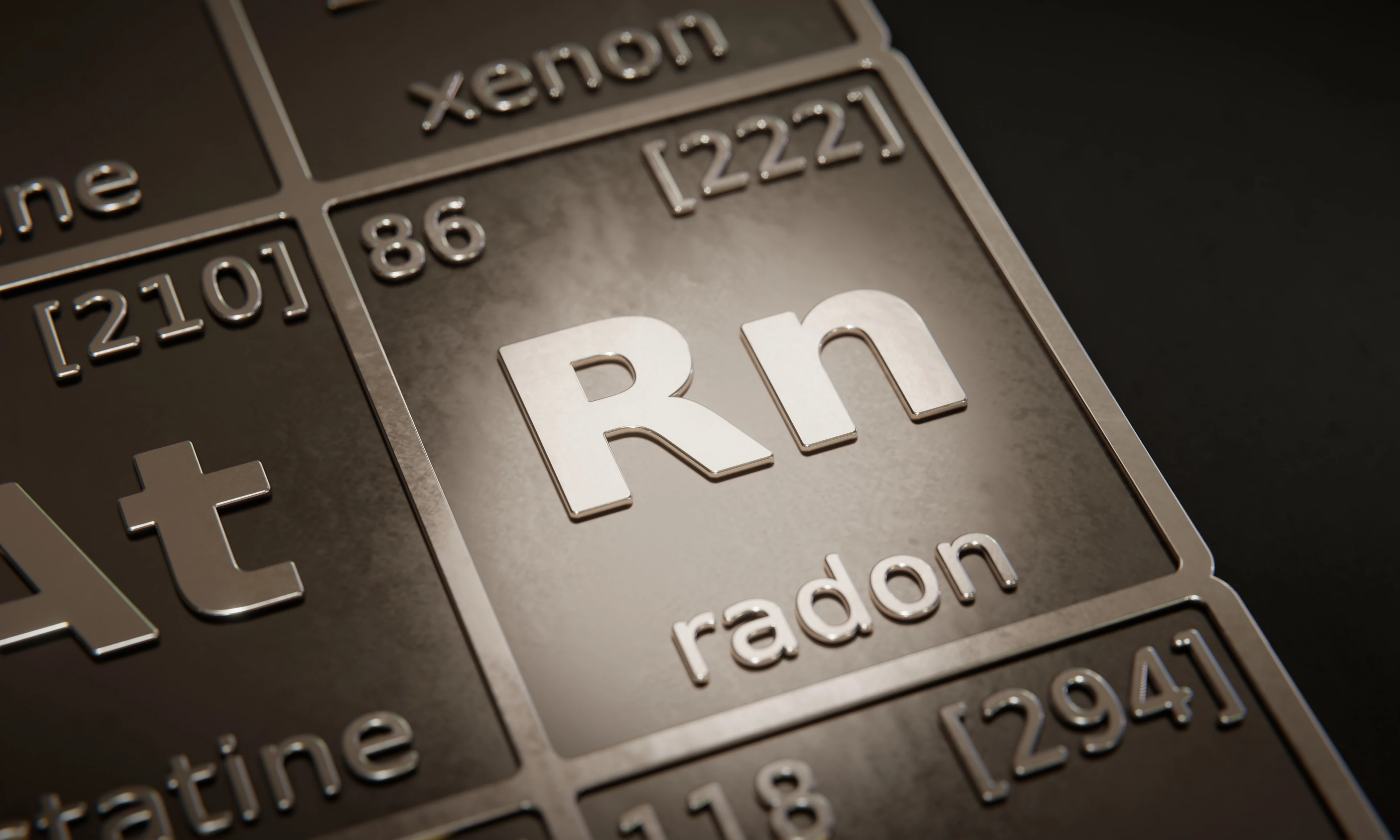 Highlight on chemical element Radon in periodic table of elements. 3D rendering