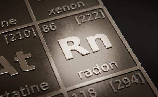 Highlight on chemical element Radon in periodic table of elements. 3D rendering