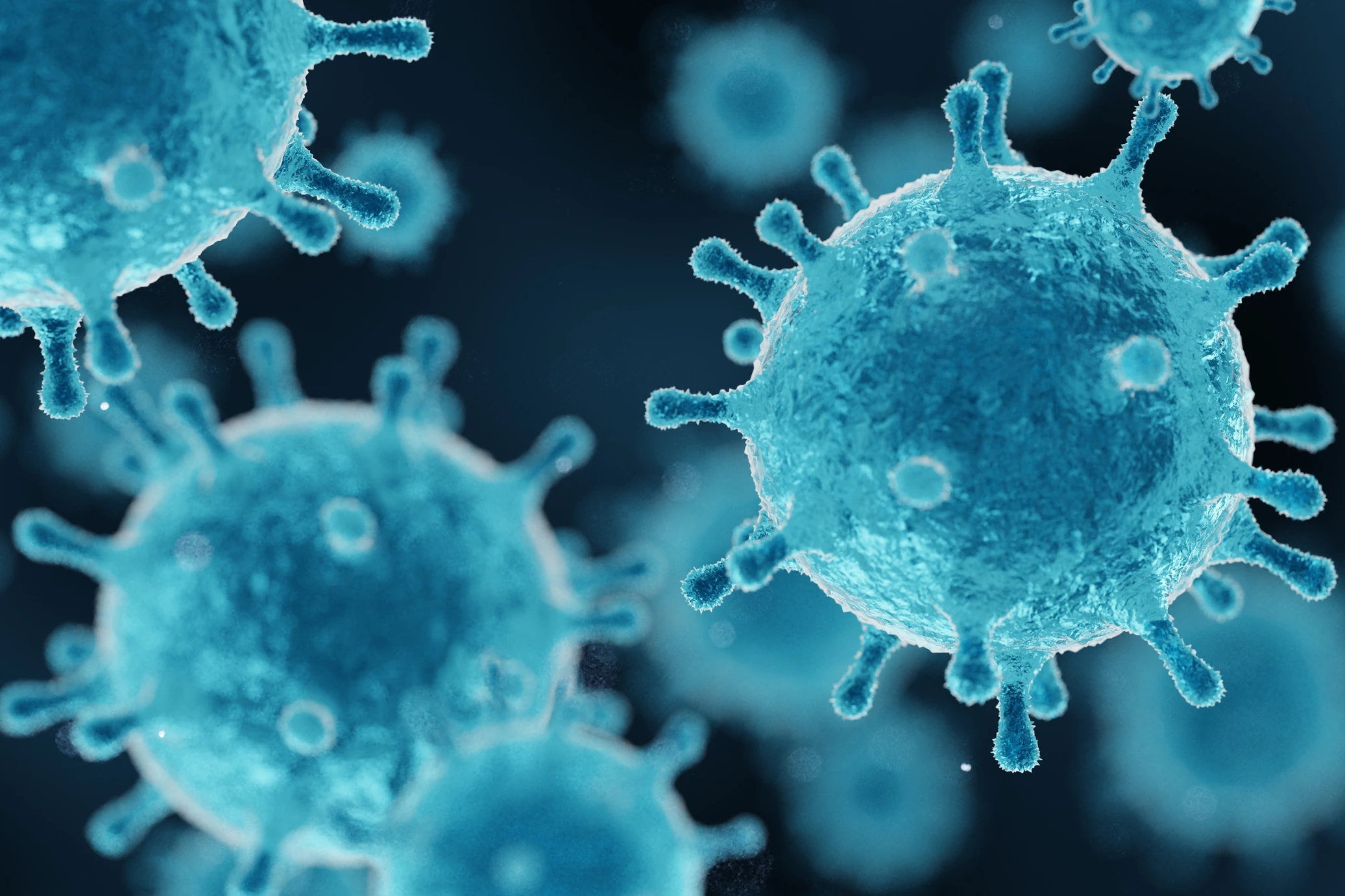 corona virus 2019-ncov flu outbreak, covid-19 3d banner illustration, microscopic view of floating influenza virus cells