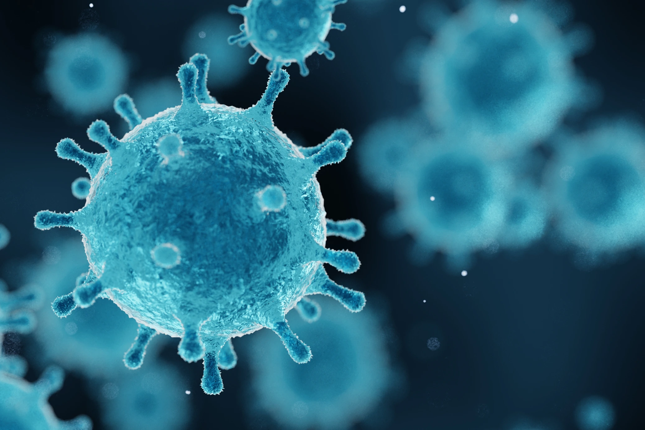 corona virus 2019-ncov flu outbreak, covid-19 3d banner illustration, microscopic view of floating influenza virus cells