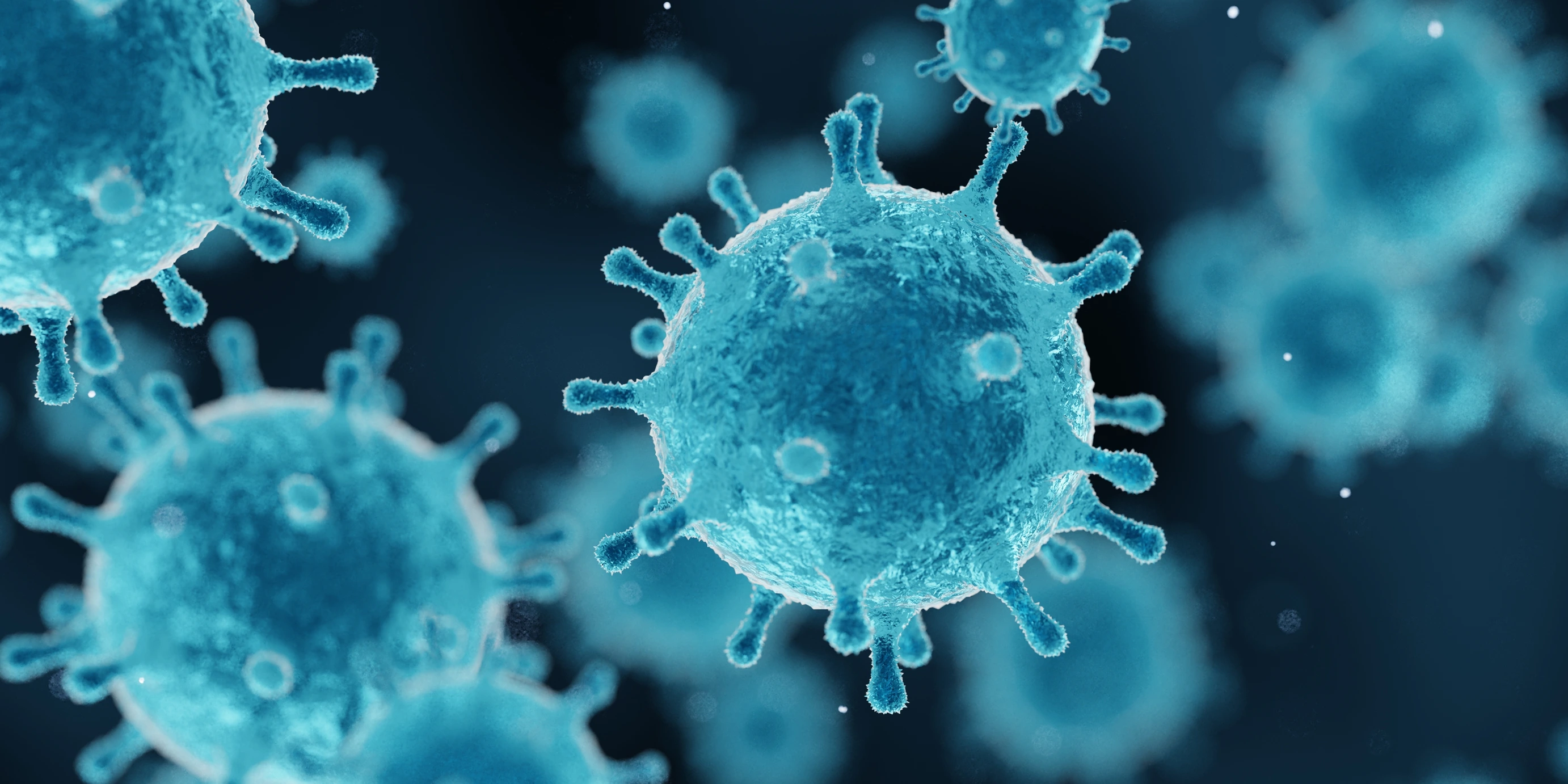 corona virus 2019-ncov flu outbreak, covid-19 3d banner illustration, microscopic view of floating influenza virus cells