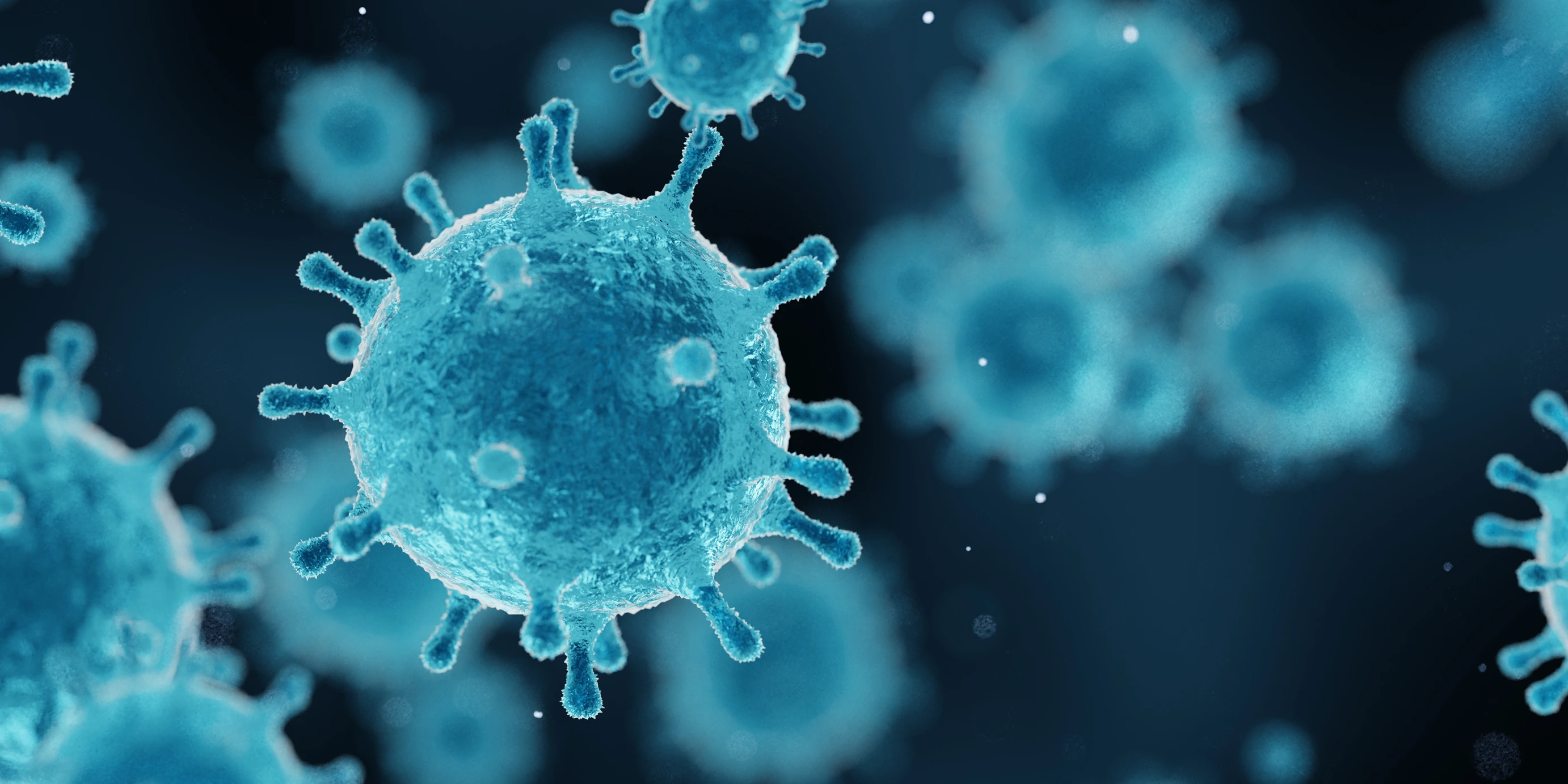 corona virus 2019-ncov flu outbreak, covid-19 3d banner illustration, microscopic view of floating influenza virus cells