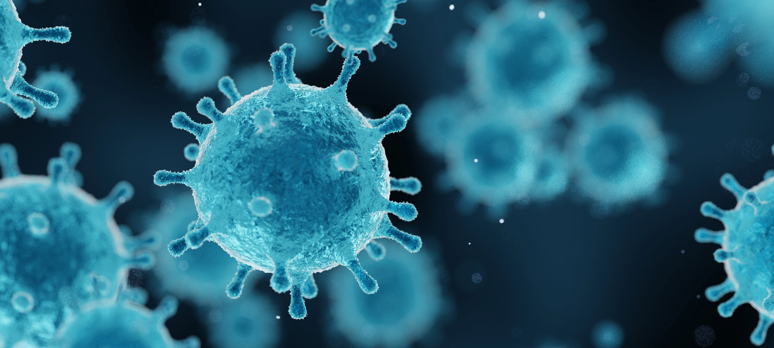 corona virus 2019-ncov flu outbreak, covid-19 3d banner illustration, microscopic view of floating influenza virus cells