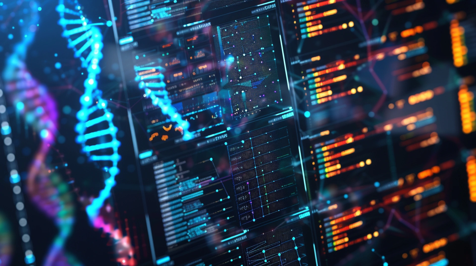 Detailed view of a computer interface used by geneticists showing a complex genome mapping software with colorful DNA strands without displaying any personal identity in a modern research lab