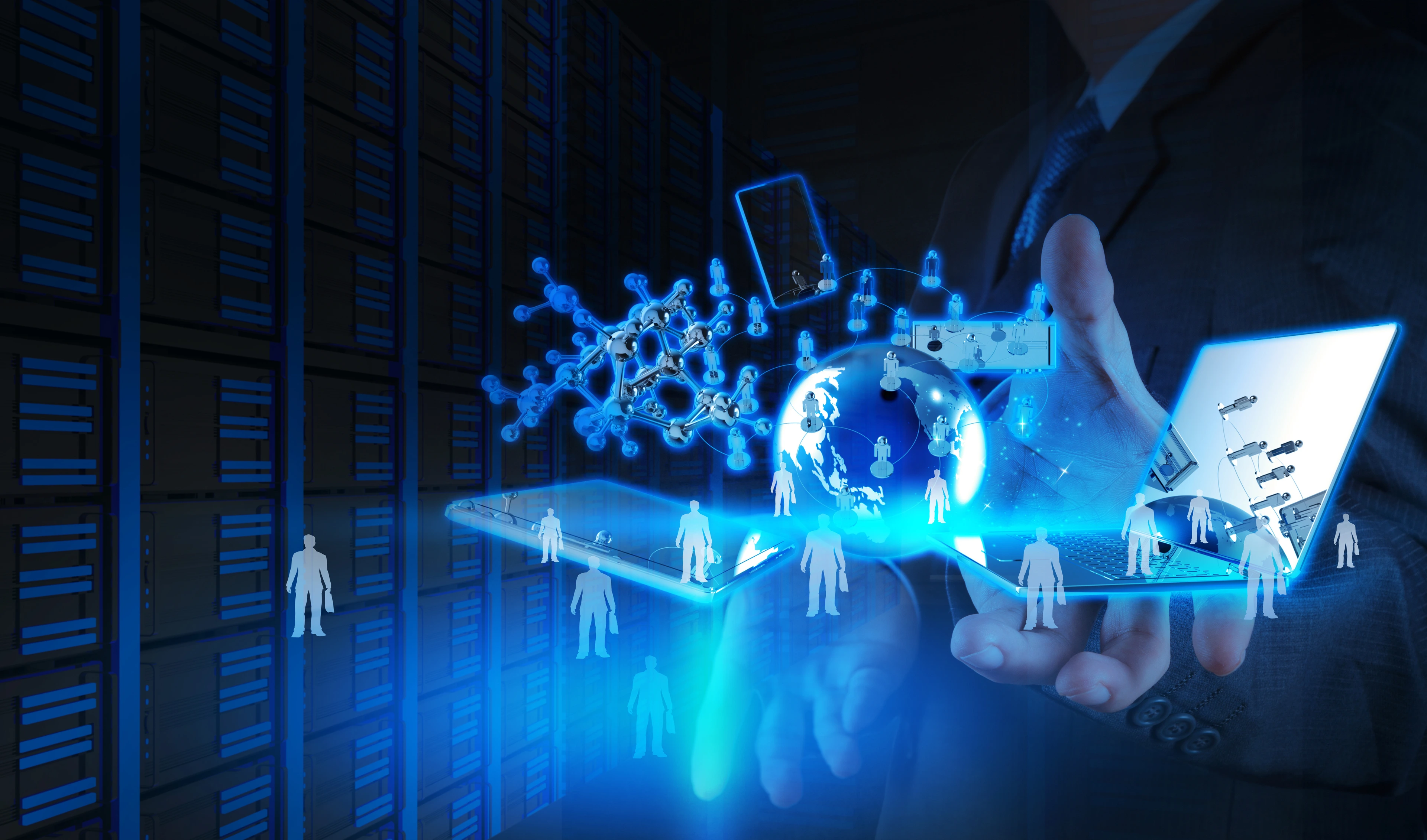 Double exposure of businessman shows modern technology as concept