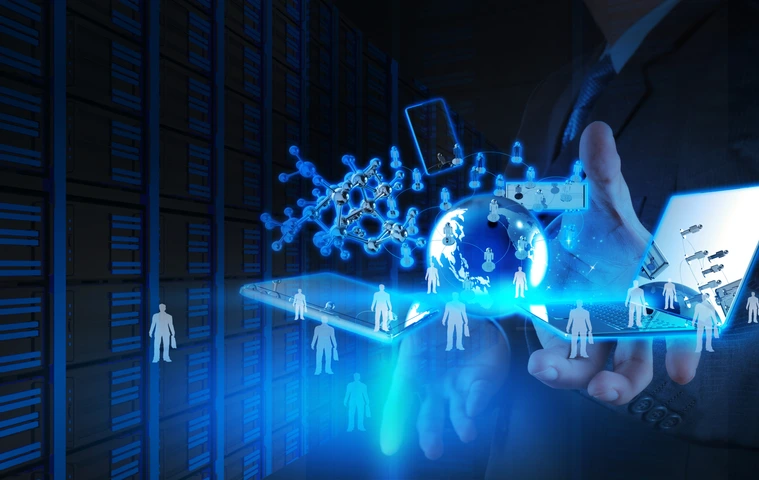 Double exposure of businessman shows modern technology as concept