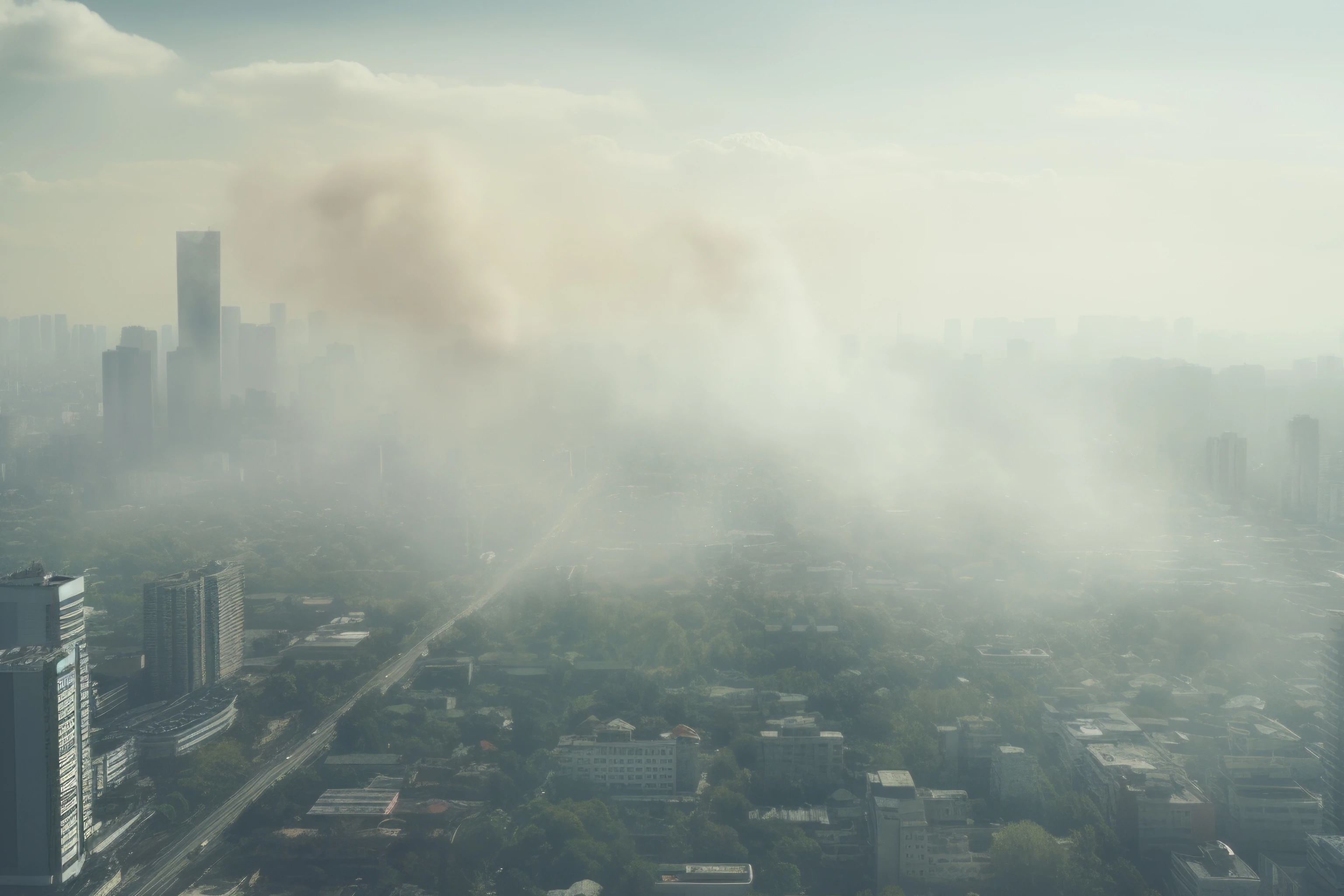 Large city with visible air pollution and smog or fog