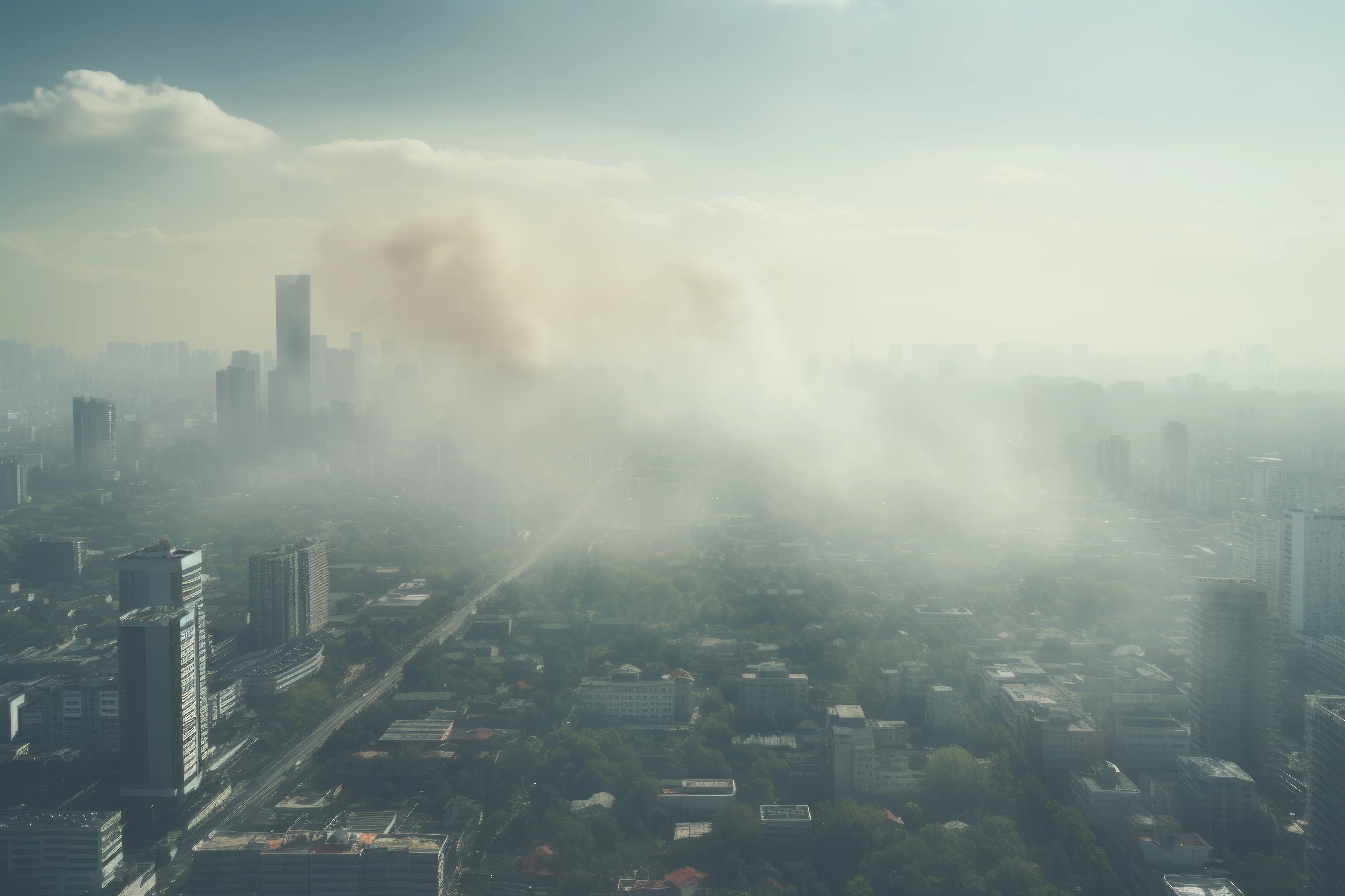 Large city with visible air pollution and smog or fog