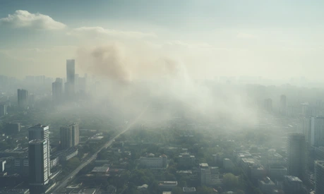 Large city with visible air pollution and smog or fog