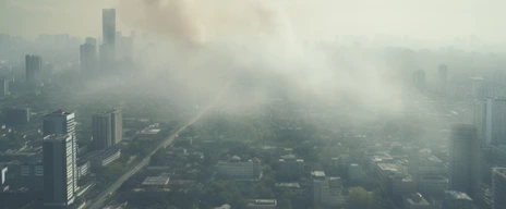 Large city with visible air pollution and smog or fog
