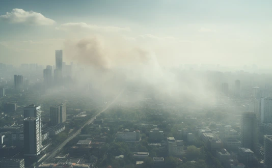 Large city with visible air pollution and smog or fog