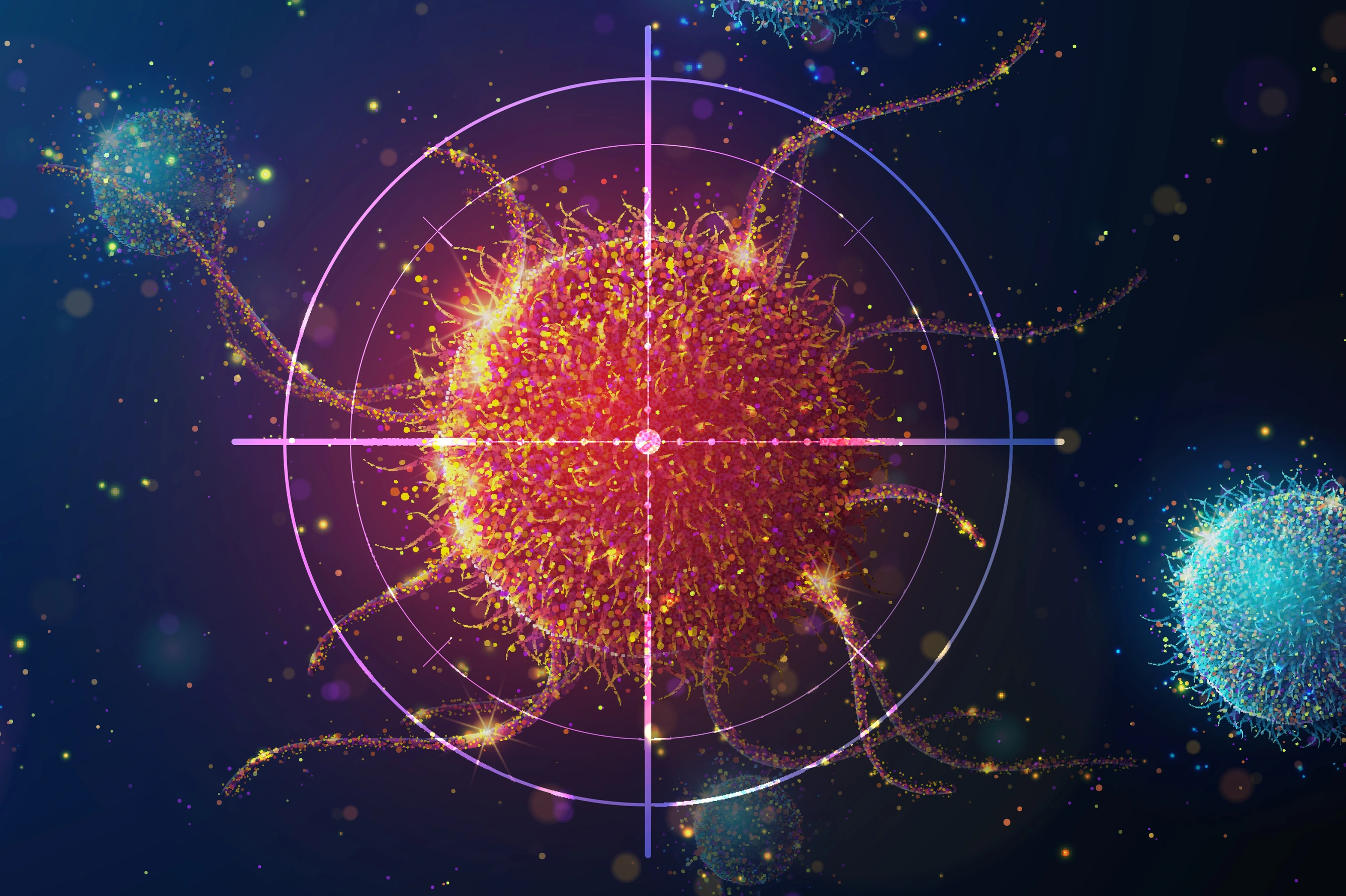 Abstract illustration of targeting cancer cell made of glowing neon particles. Blue geometric background depicting cancer cell screening and disease treatment medical concept