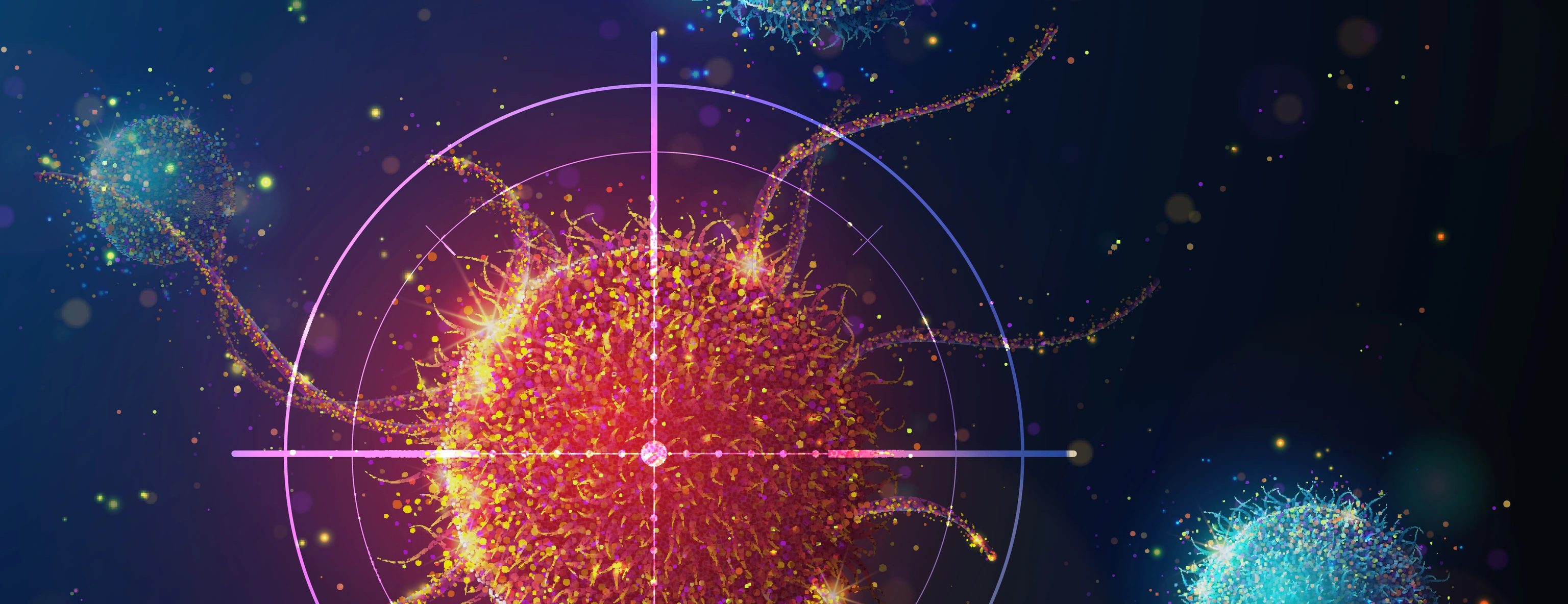 Abstract illustration of targeting cancer cell made of glowing neon particles. Blue geometric background depicting cancer cell screening and disease treatment medical concept