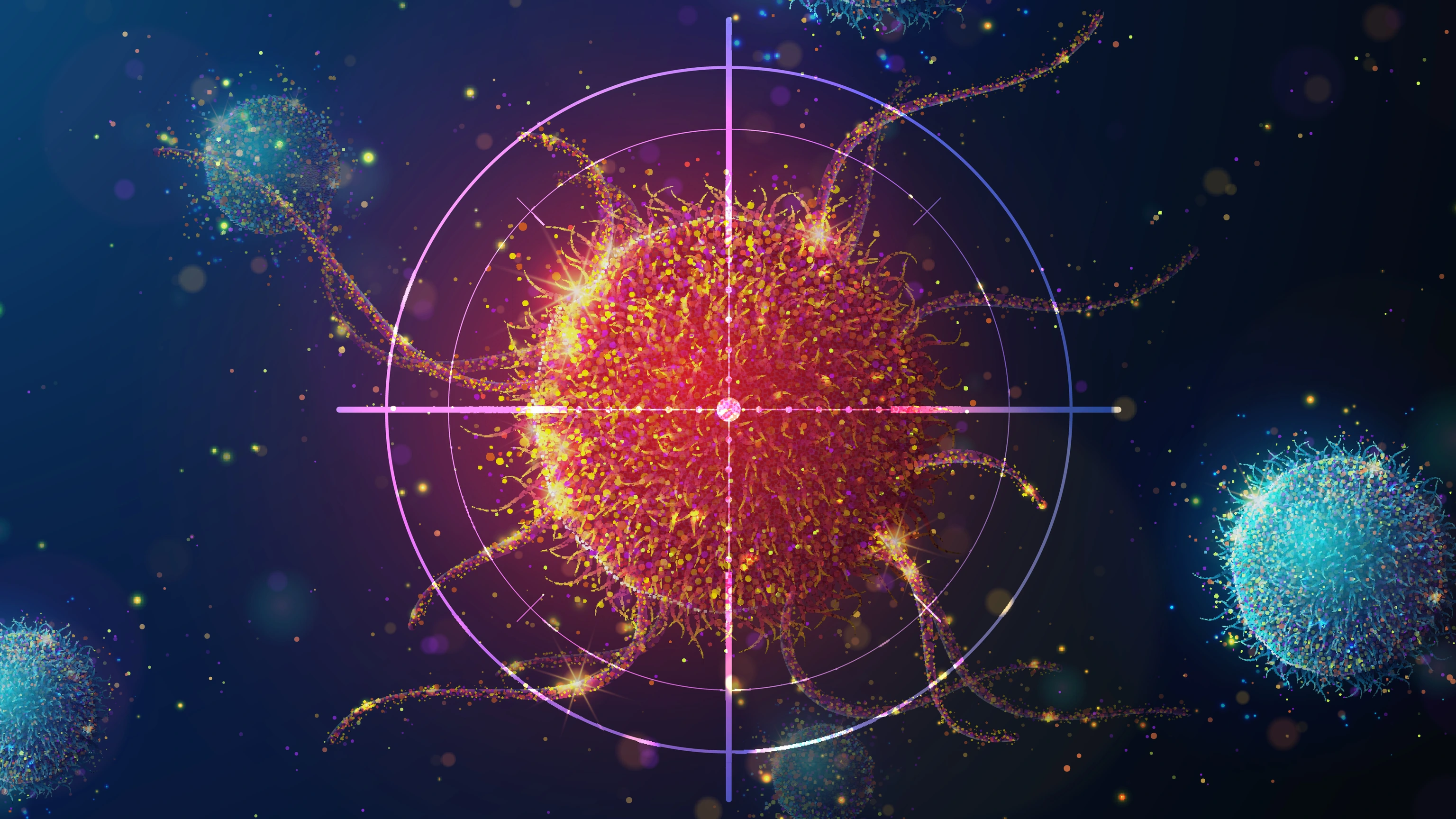 Abstract illustration of targeting cancer cell made of glowing neon particles. Blue geometric background depicting cancer cell screening and disease treatment medical concept