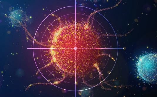 Abstract illustration of targeting cancer cell made of glowing neon particles. Blue geometric background depicting cancer cell screening and disease treatment medical concept
