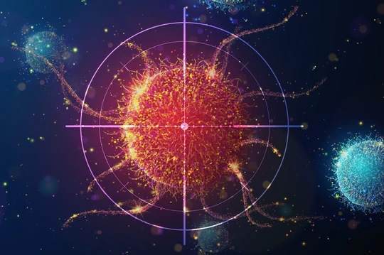 Abstract illustration of targeting cancer cell made of glowing neon particles. Blue geometric background depicting cancer cell screening and disease treatment medical concept