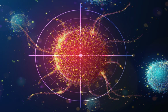 Abstract illustration of targeting cancer cell made of glowing neon particles. Blue geometric background depicting cancer cell screening and disease treatment medical concept