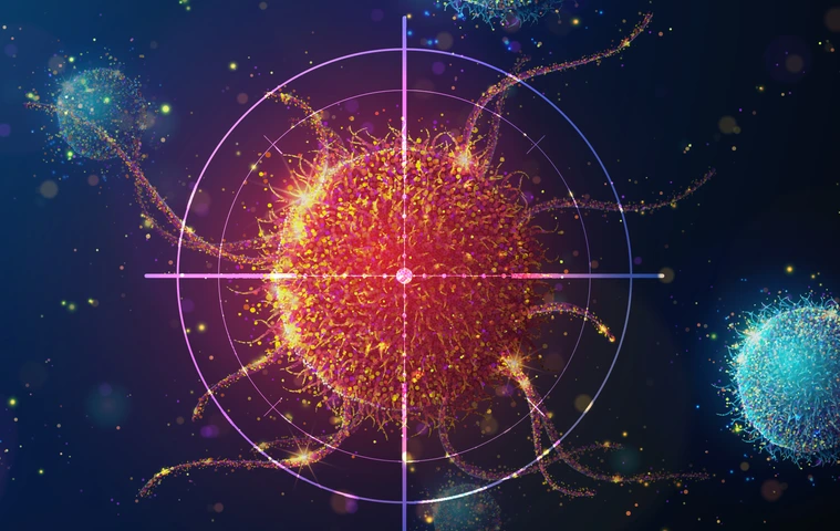 Abstract illustration of targeting cancer cell made of glowing neon particles. Blue geometric background depicting cancer cell screening and disease treatment medical concept