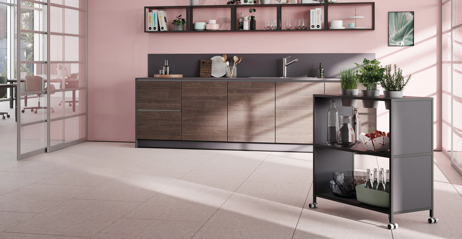 CUCINA Büroküche in Nussbaum oder Candis Eiche? mit P4 Hängeregalen und Trolley
