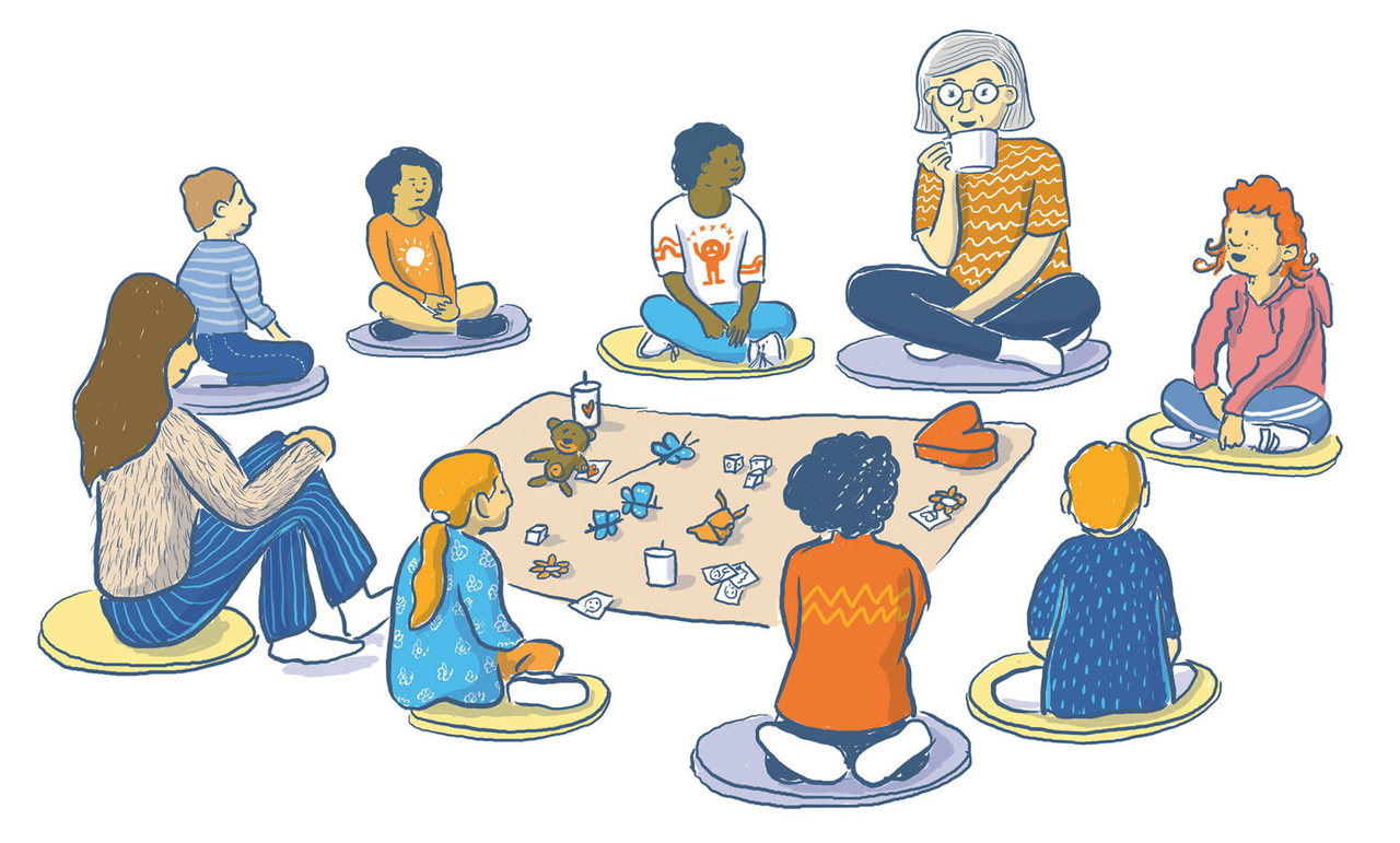 Ein Gesprächskreis in einer Kindertrauergruppe, Greta sitzt dort mit anderen Kindern