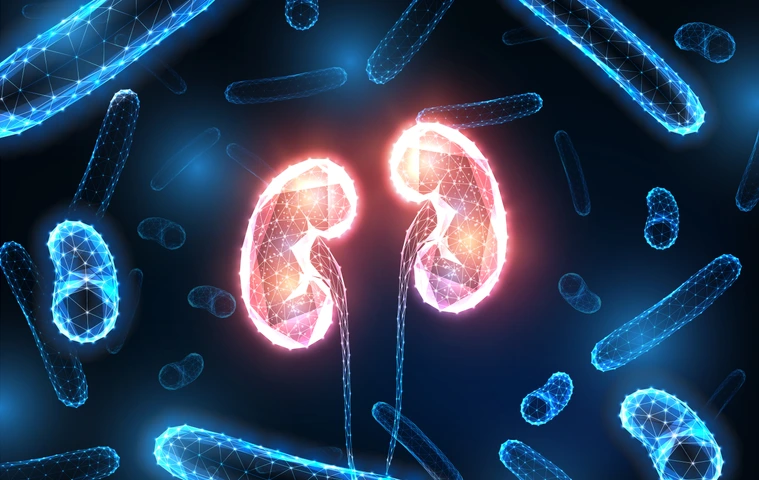 Futuristic kidney infection concept with glowing low polygonal kidneys surrounded by bacteria
