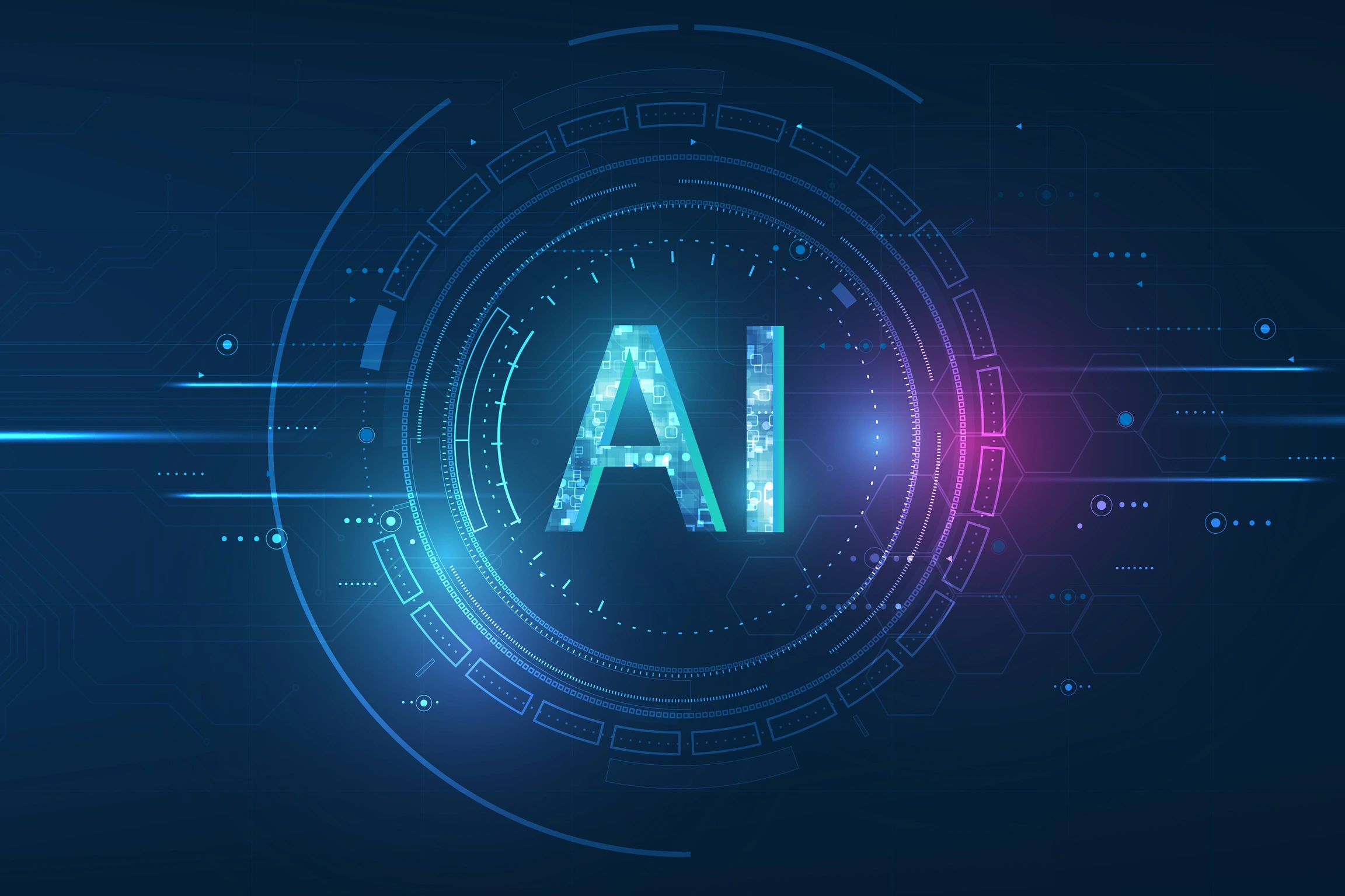 Abstract futuristic digital and technology on dark blue color background. AI(Artificial Intelligence) wording with the circuit design.