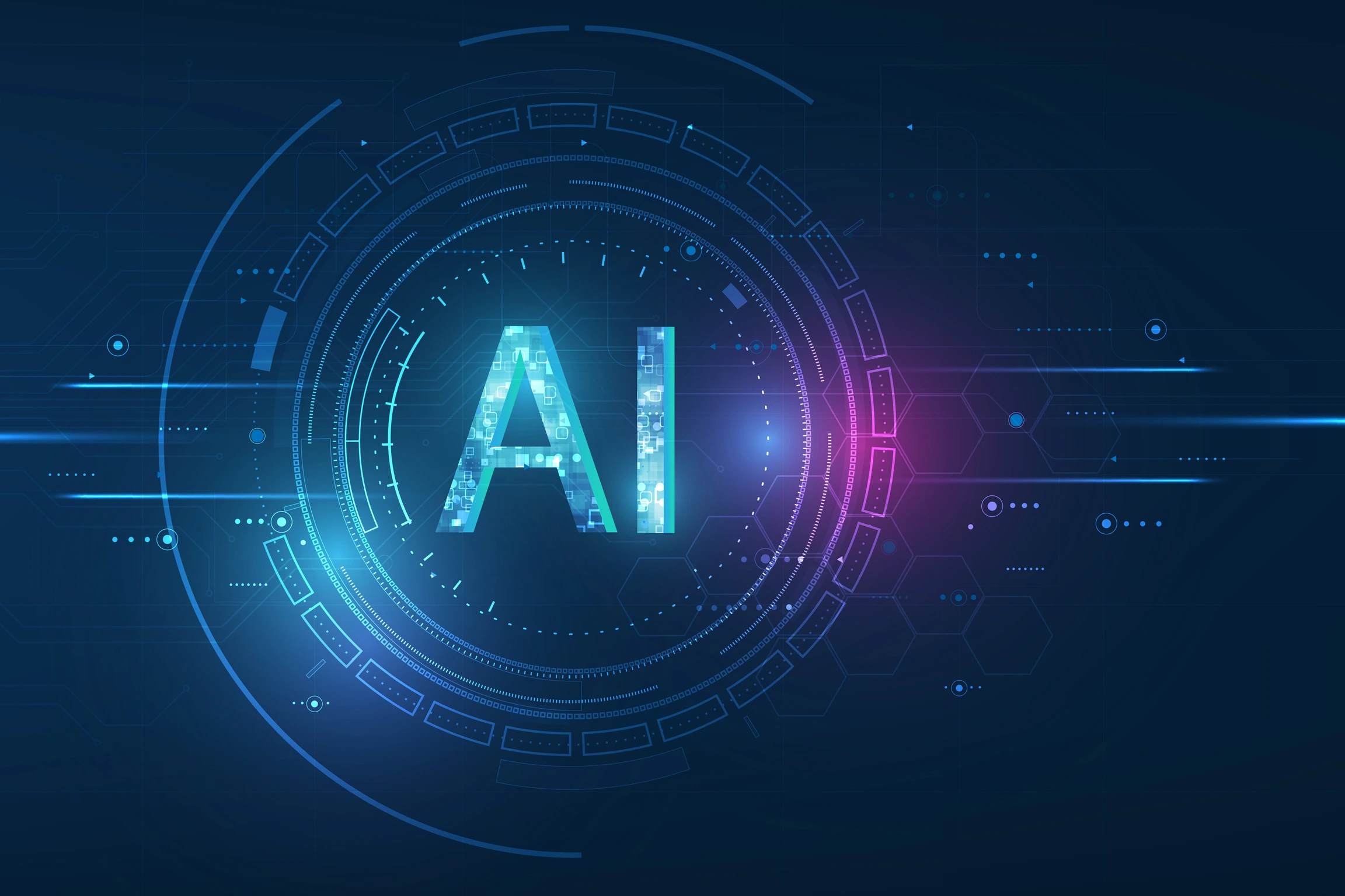 Abstract futuristic digital and technology on dark blue color background. AI(Artificial Intelligence) wording with the circuit design.