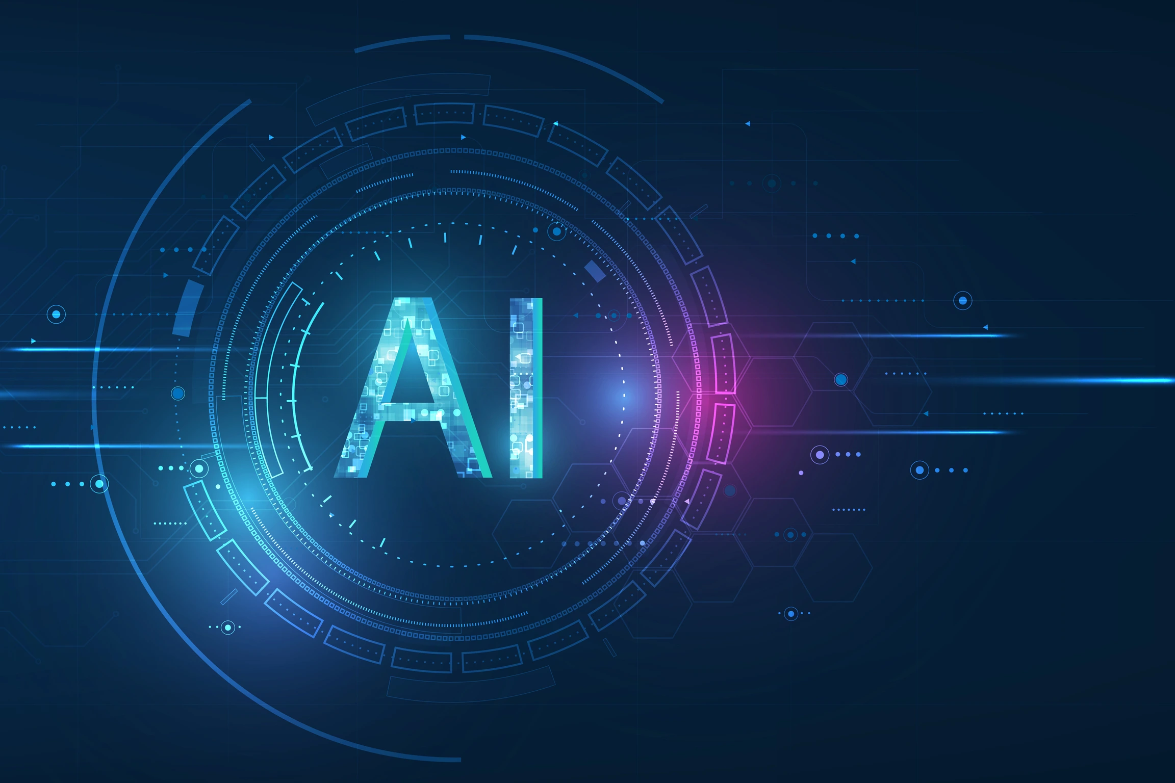 Abstract futuristic digital and technology on dark blue color background. AI(Artificial Intelligence) wording with the circuit design.