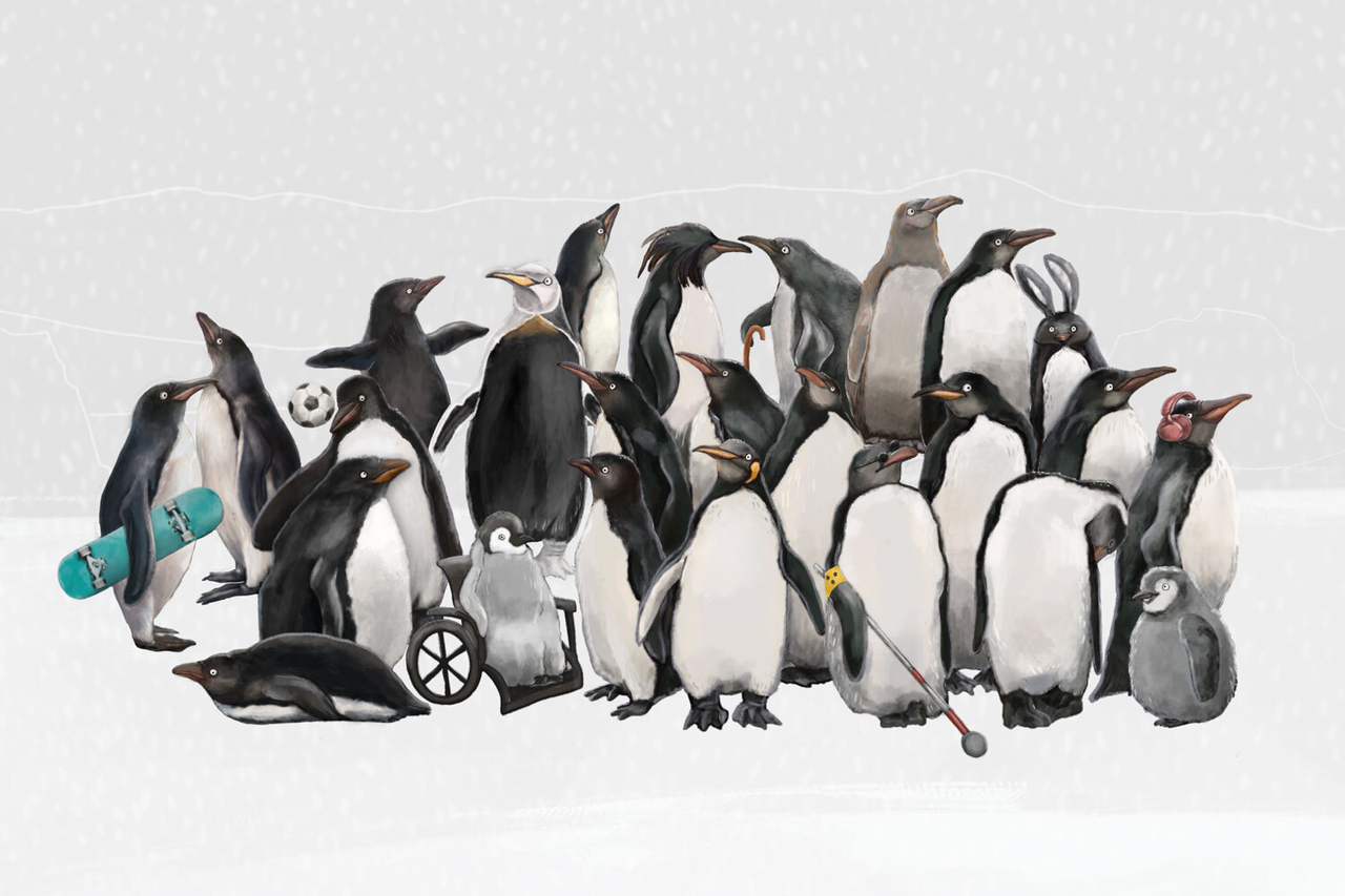 Eine Gruppe von Pinguinen als Illustration. Vielfalt, Pinguine sind unterschiedlich, divers