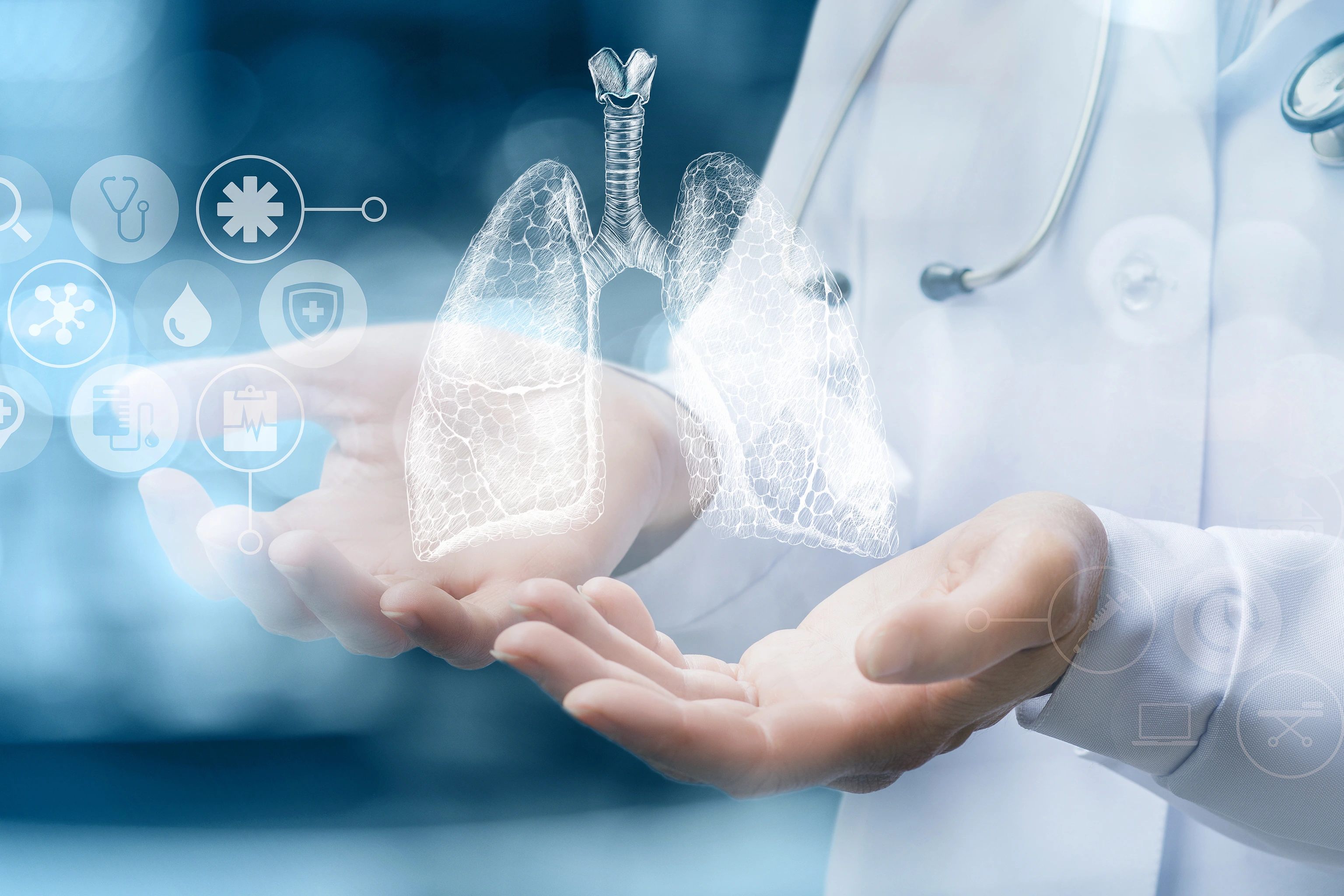 Medical worker shows human lungs on blurred background.
