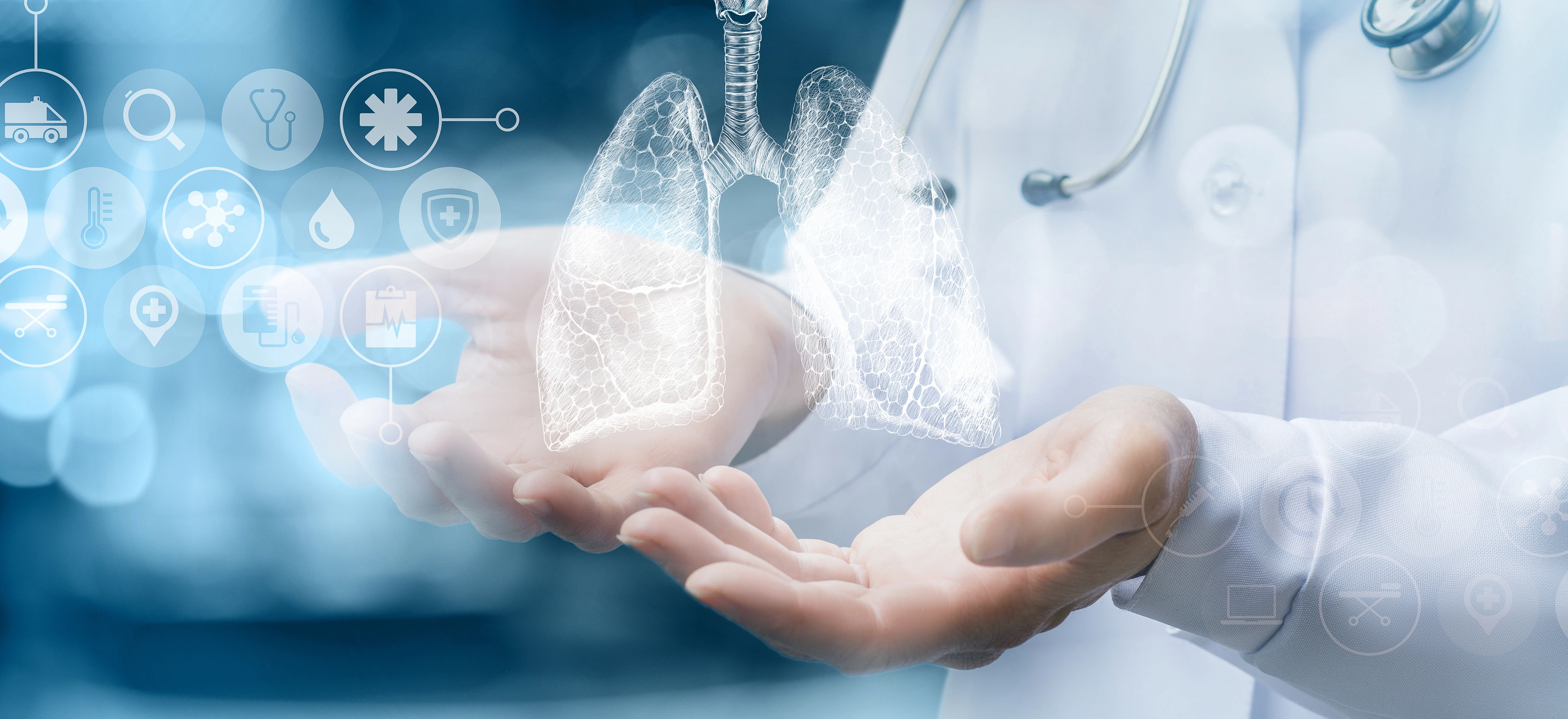Medical worker shows human lungs on blurred background.