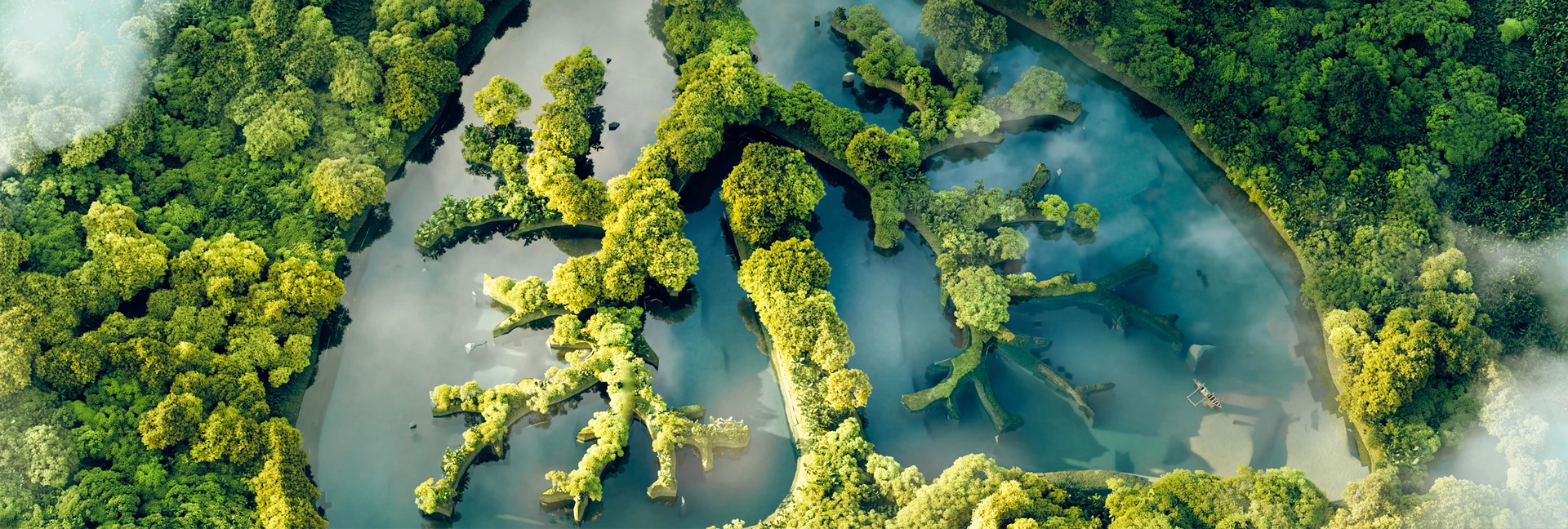A conceptual image showing a lung-shaped lake in a lush and pristine jungle