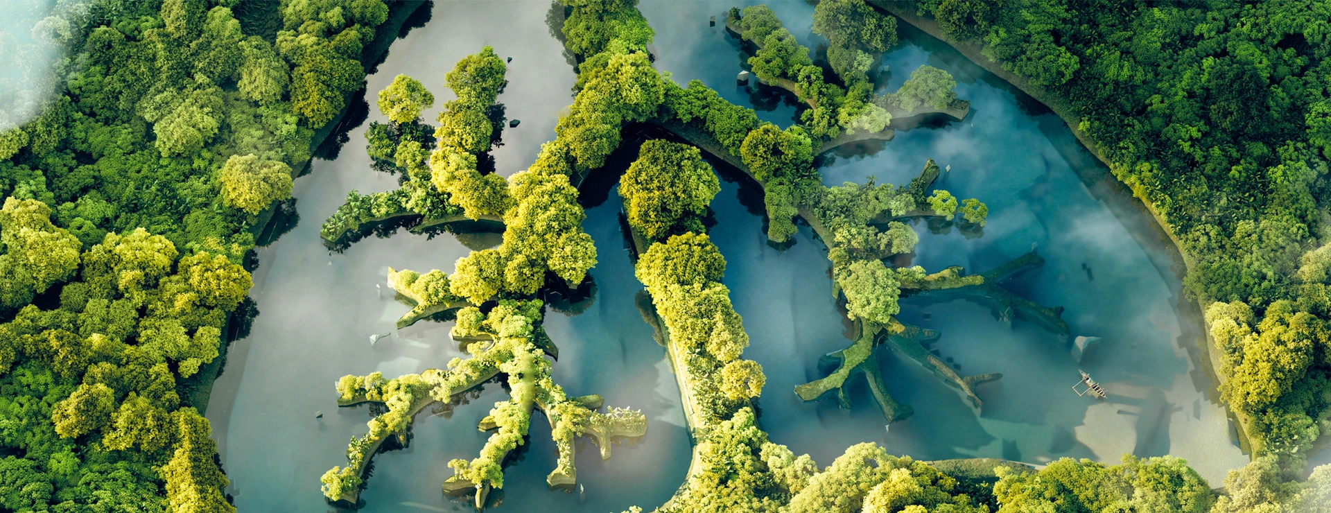 A conceptual image showing a lung-shaped lake in a lush and pristine jungle