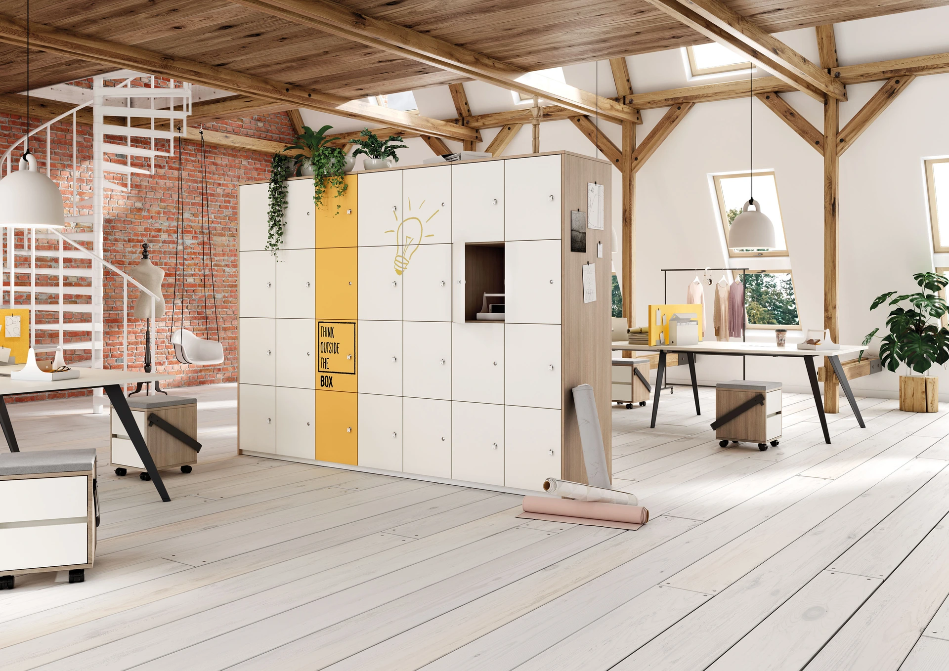 Offenes Atelier mit modularen PALMBERG-Schränken, gelbe Tür mit Text Think inside the box, Tische und Pflanzen