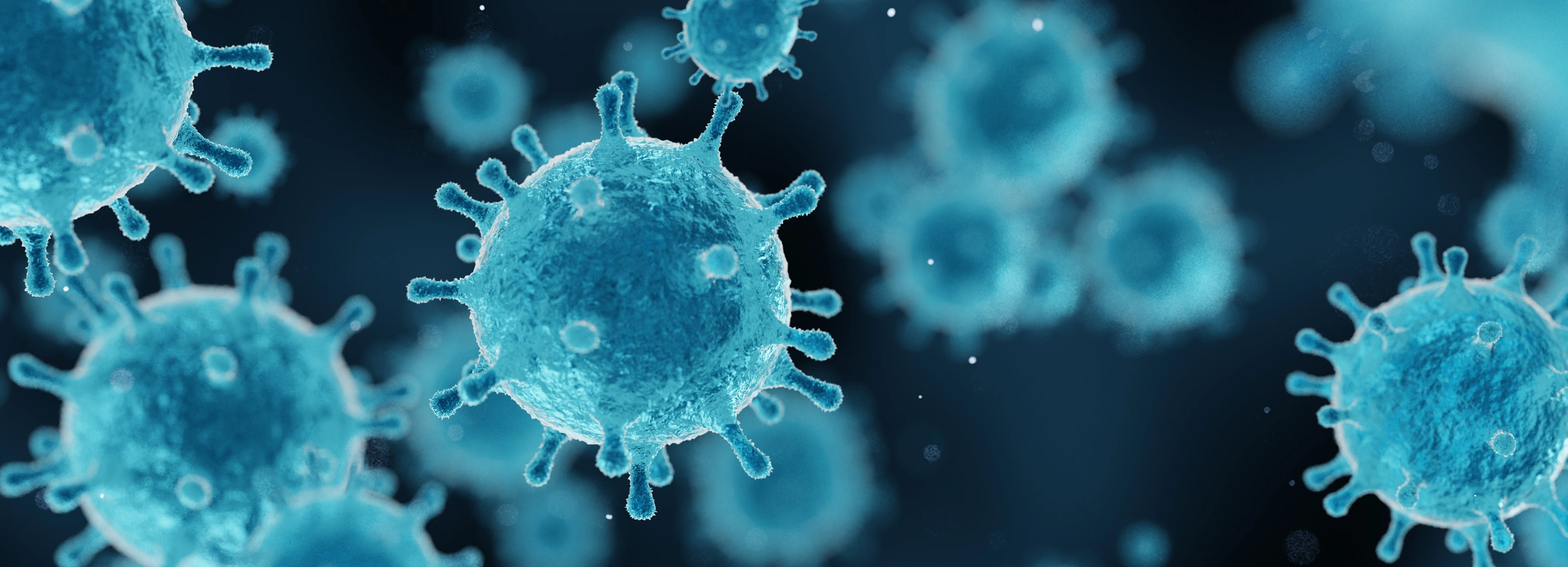 corona virus 2019-ncov flu outbreak, covid-19 3d banner illustration, microscopic view of floating influenza virus cells