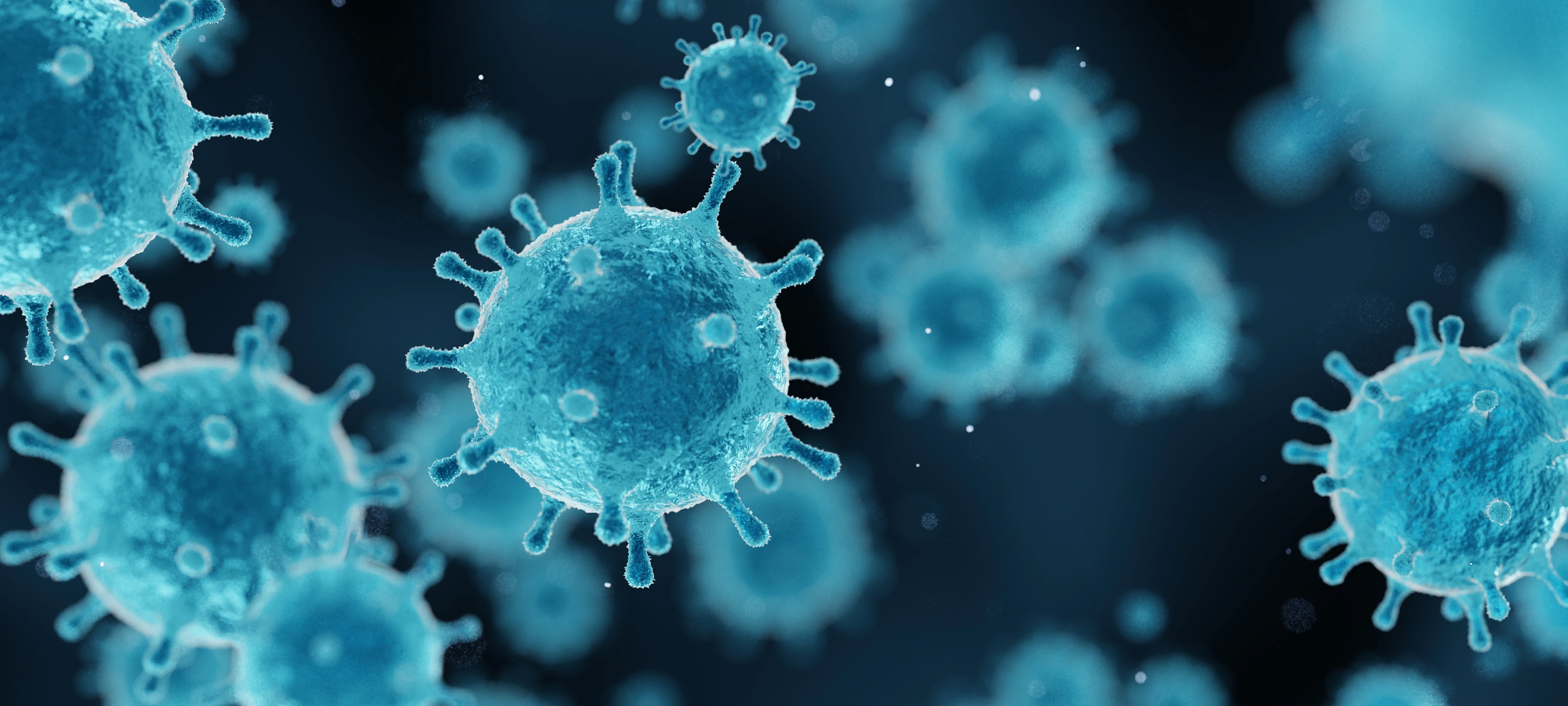 corona virus 2019-ncov flu outbreak, covid-19 3d banner illustration, microscopic view of floating influenza virus cells