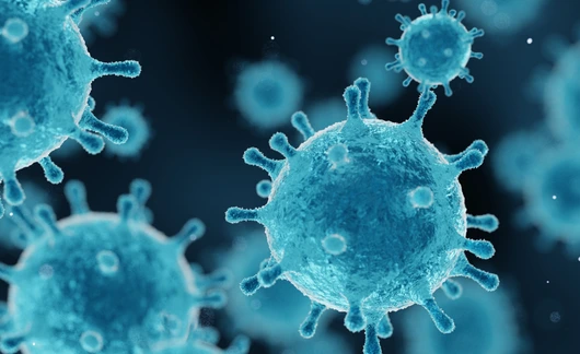 corona virus 2019-ncov flu outbreak, covid-19 3d banner illustration, microscopic view of floating influenza virus cells