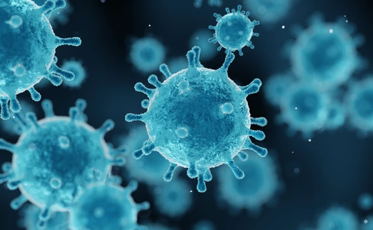 corona virus 2019-ncov flu outbreak, covid-19 3d banner illustration, microscopic view of floating influenza virus cells