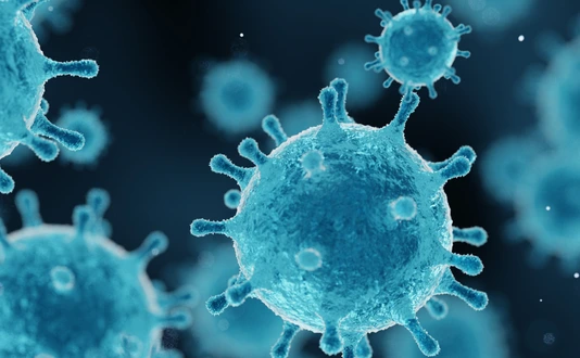 corona virus 2019-ncov flu outbreak, covid-19 3d banner illustration, microscopic view of floating influenza virus cells