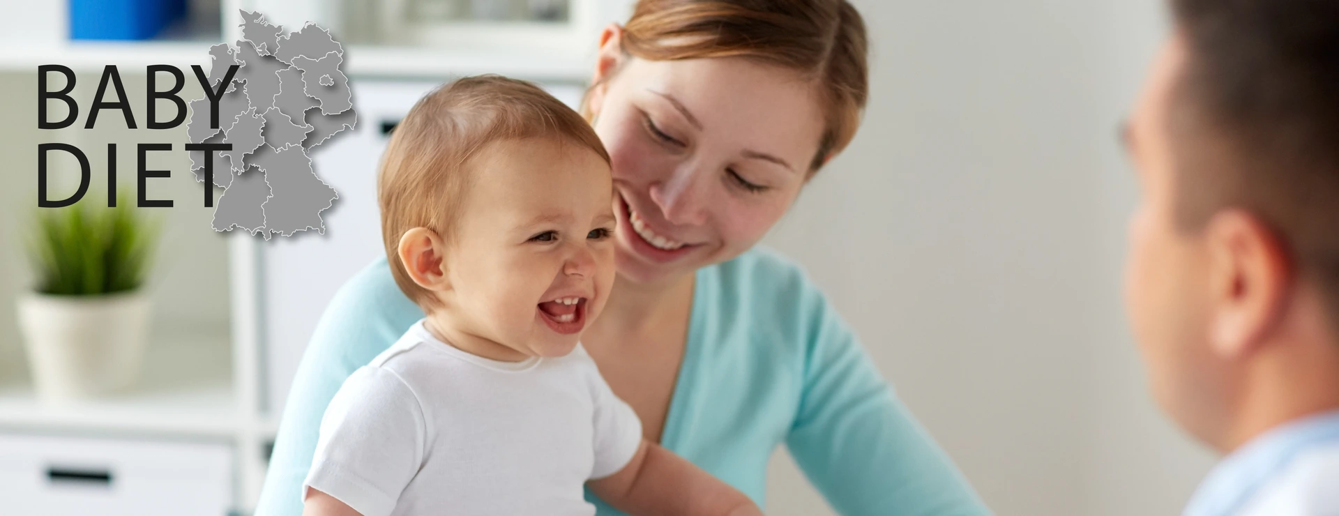 happy woman with baby and doctor at clinic with Logo BabyDiet