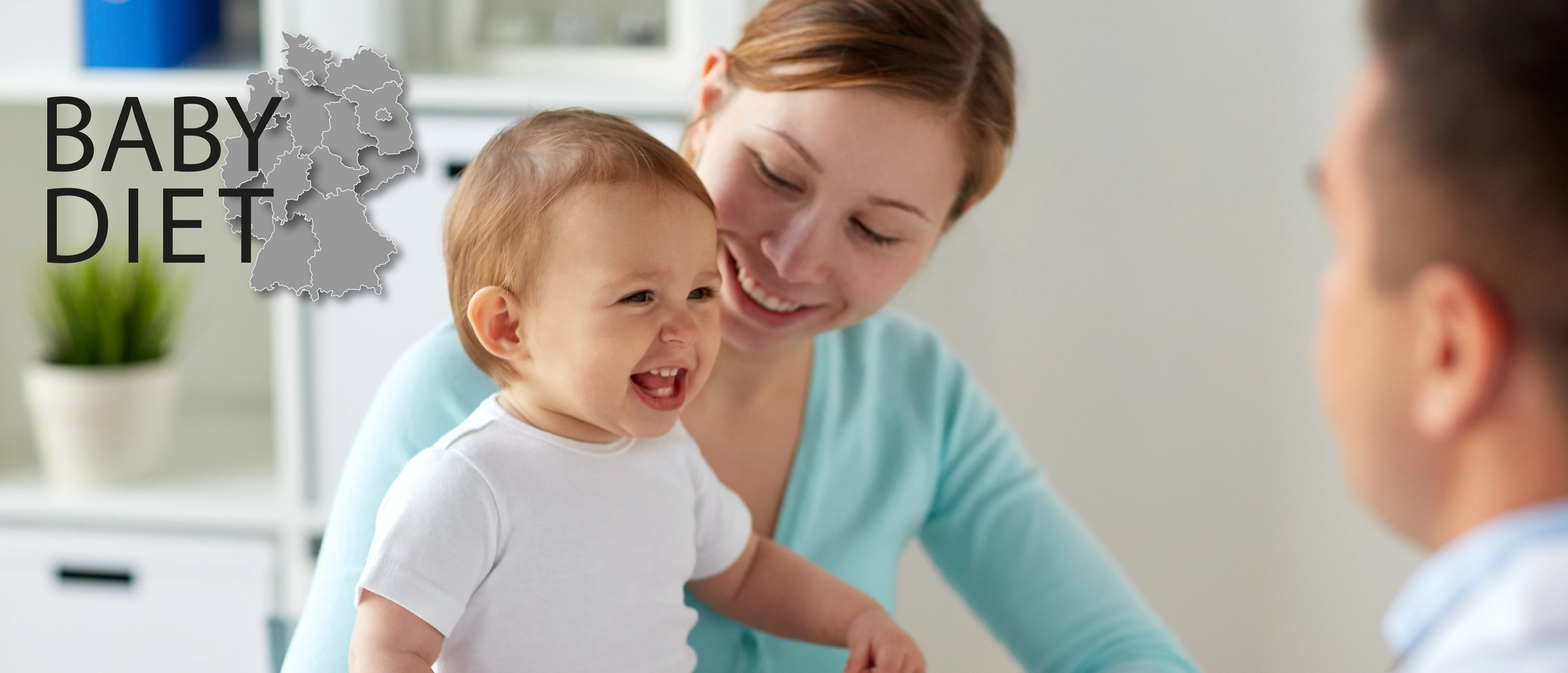 happy woman with baby and doctor at clinic with Logo BabyDiet