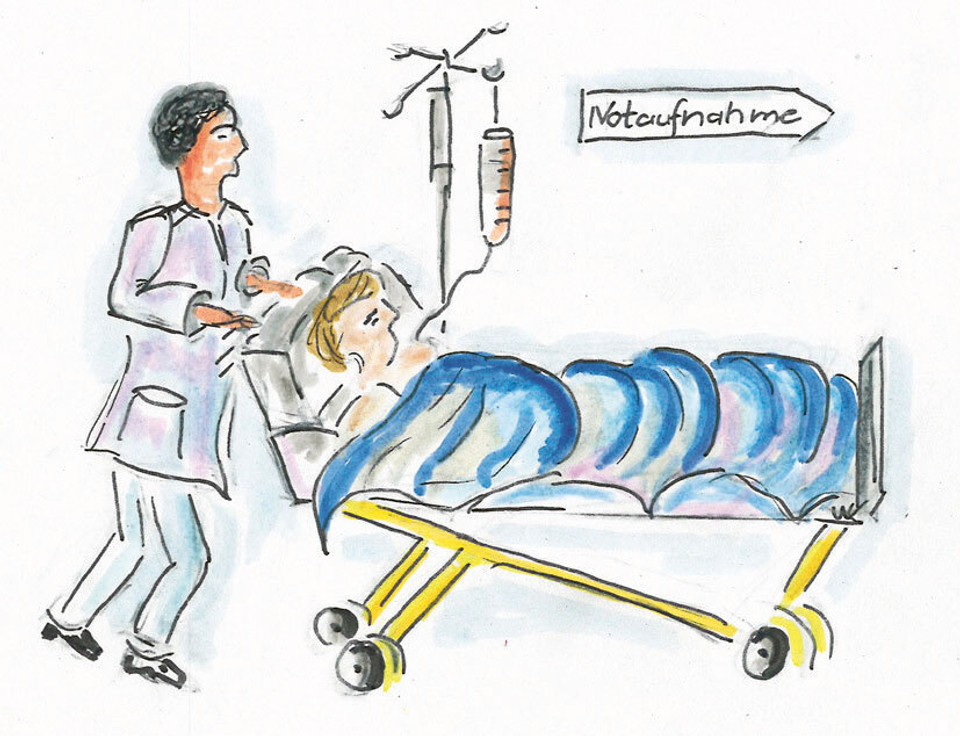 Eine farbige Zeichnung auf der ein Pfleger zu sehen ist, der eine kranke Person in einem Krankenhausbett schiebt, ein Schild mit "Notaufnahme" ist zu sehen.